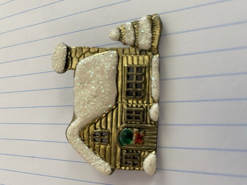 Weihnachten Schnee Haus Hütte Szene Anstecknadel Brosche goldfarben - Bild 4 von 6