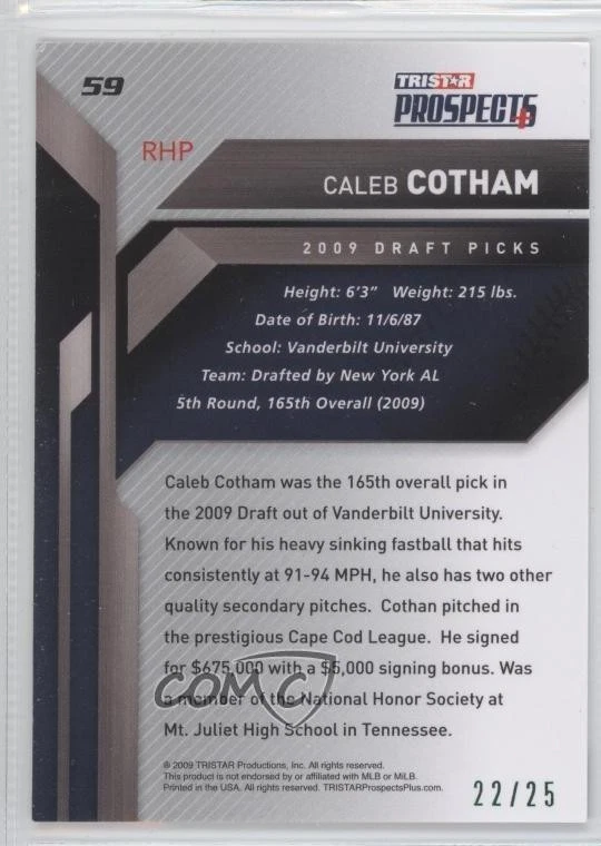 2009 TRISTAR Prospects Plus Green /25 Caleb Cotham #59 - Image 2 of 2