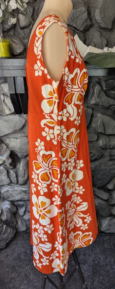 VTG 1960’s Sears Hawaiian Fashions Orange Barkcloth Floral Maxi Dress Sz Med - Image 3 of 4