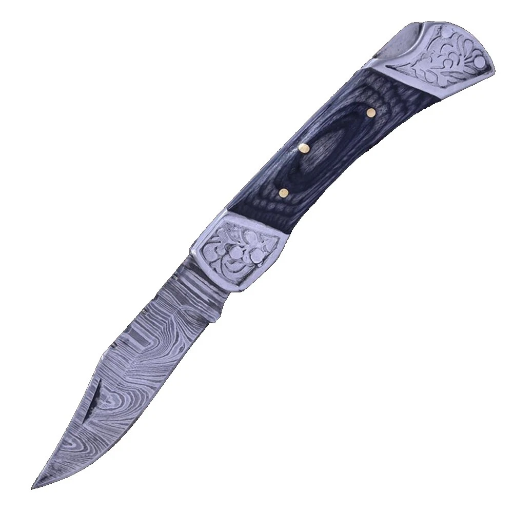 Damascus Steel Blade Black Collectible Modern Factory Manufactured Folding Knives