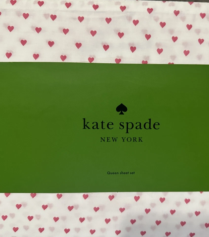 Juego de Sábanas Kate Spade Queen Algodón Percal Corazones ROSA en Blanco Sábanas REINA NUEVO CON ETIQUETAS Foto 3 de 4