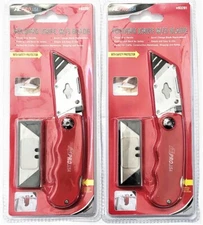 2 ATE PRO LOCK BACK FOLDING UTILITY KNIVES PLUS 12 BLADES RAZOR KNIFE RED #93201