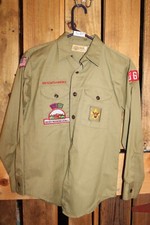Boy Scouts of America BSA Youth Shirt Large Vintage Green Sewn on patches