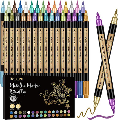Metallic Marker Pens, 30 Colors Dual Tip Acrylic Paint Pens for Black Paper, ...