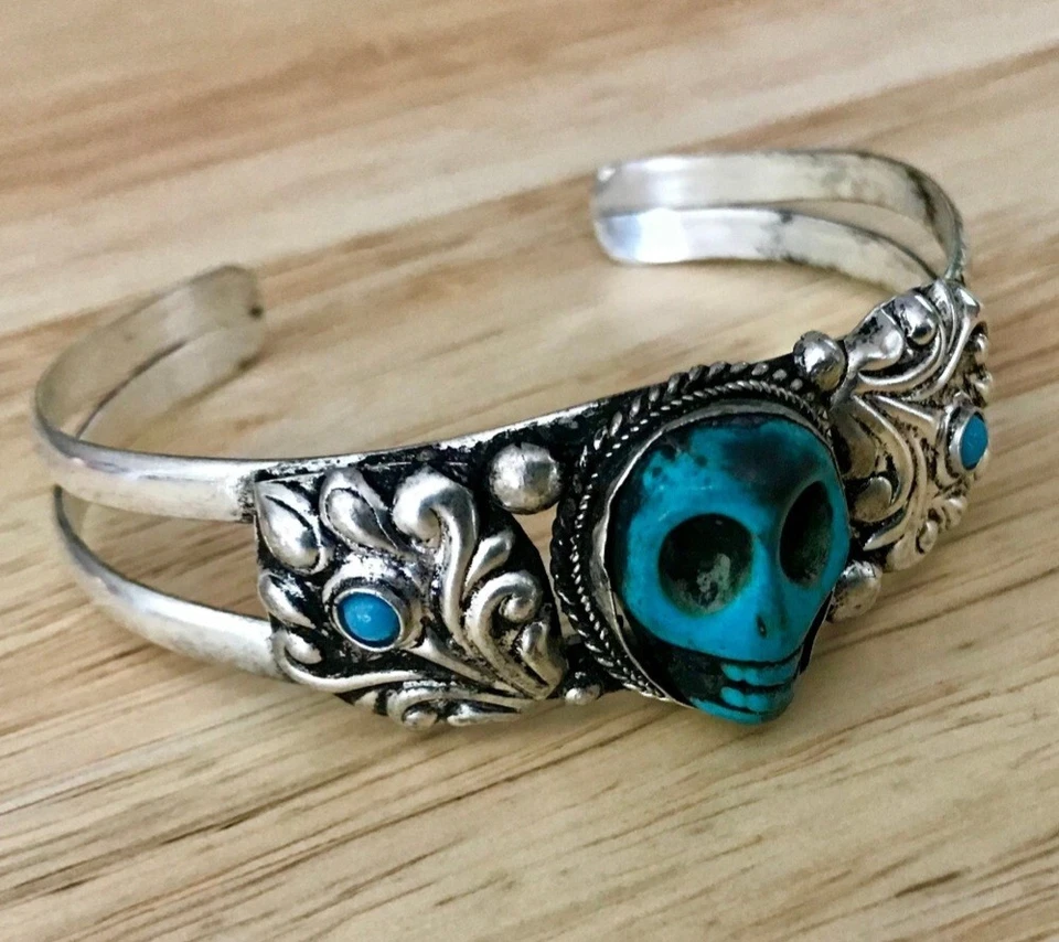 Brazalete tibetano cara calavera turquesa étnica Foto 3 de 4