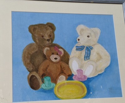 Gerahmtes Teddybär Kinderzimmer Ölgemälde ''Wer hat alle Kekse gegessen?''