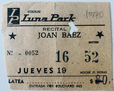 VERY RARE! - 1974 Joan Baez - Luna Park Buenos Aires Argentina Ticket 12/09/74