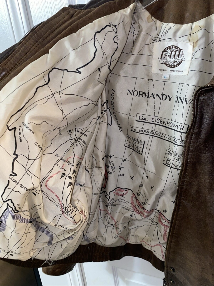Vintage Leather Bomber Jacket Mens Large w/ Normandy Invasion Map in Lining  GIII
