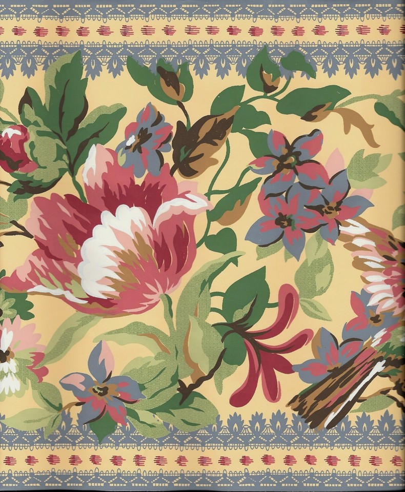 VICTORIAN FLORAL W/ BIRDS ON GOLDEN YELLOW WITH BLUE LACE TRIM