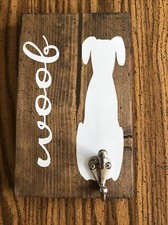   Woof  With Dog Silhouette Handmade Wooden Sign Dog Leash Holder Hook 5.5  x9  
