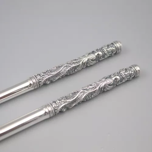 Palillos de plata fina real 999 mango de dragón y fénix palillos saludables - Imagen 11 de 24
