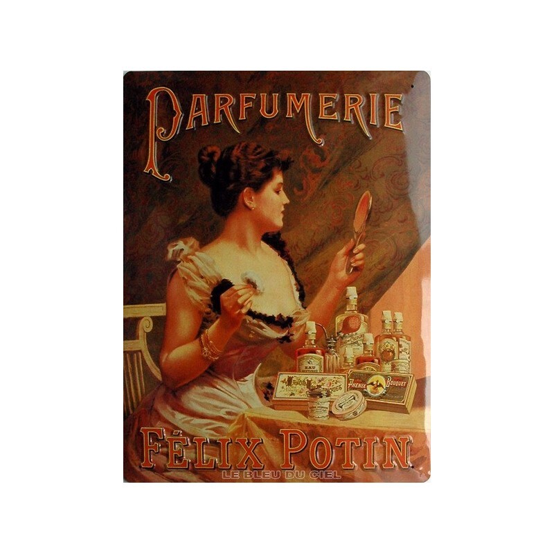 Plaque métal Parfumerie Félix Potin bombée en acier émaillé relief
