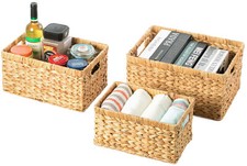 Natural Woven Water Hyacinth Wicker Rectangular Storage Bin Basket with Handles