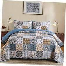 Boho Quilt Set Size Patchwork Plaid Bedspread Bedding Sets Paisley Queen Blue