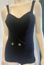 Maurice Handler 1960s One Piece button Strap Waist Detail Wool Knit Swimsuit Vtg