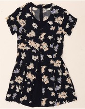VINTAGE Womens A-Line Dress UK 12 Medium Navy Blue Floral Rayon DC12