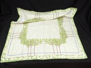 VINTAGE HAND EMBROIDERY LINEN TABLECLOTH APPROX 32" x 32" TREES & DAISIES