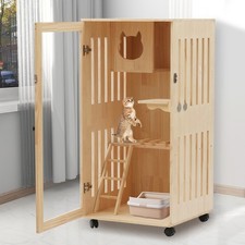 Large Wooden Indoor Cat Enclosure Catio Cage with Ramp and Covered Cat House Kit