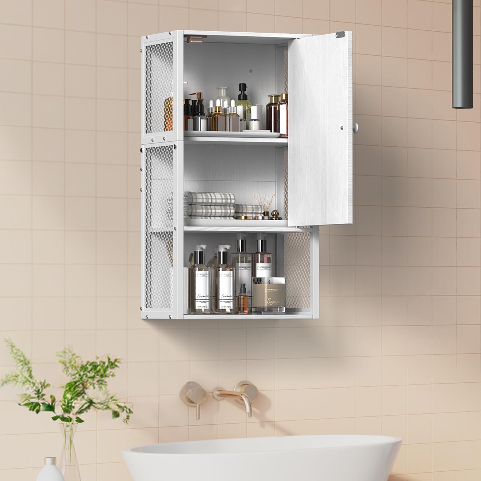 Small Medicine Cabinet White Bathroom Wall Mounted 3-Tier Wood Hanging