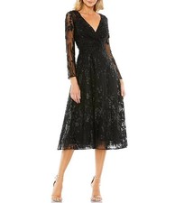 Mac Duggal Black Embellished Floral Long Sleeve Midi Dress Size 12 $498