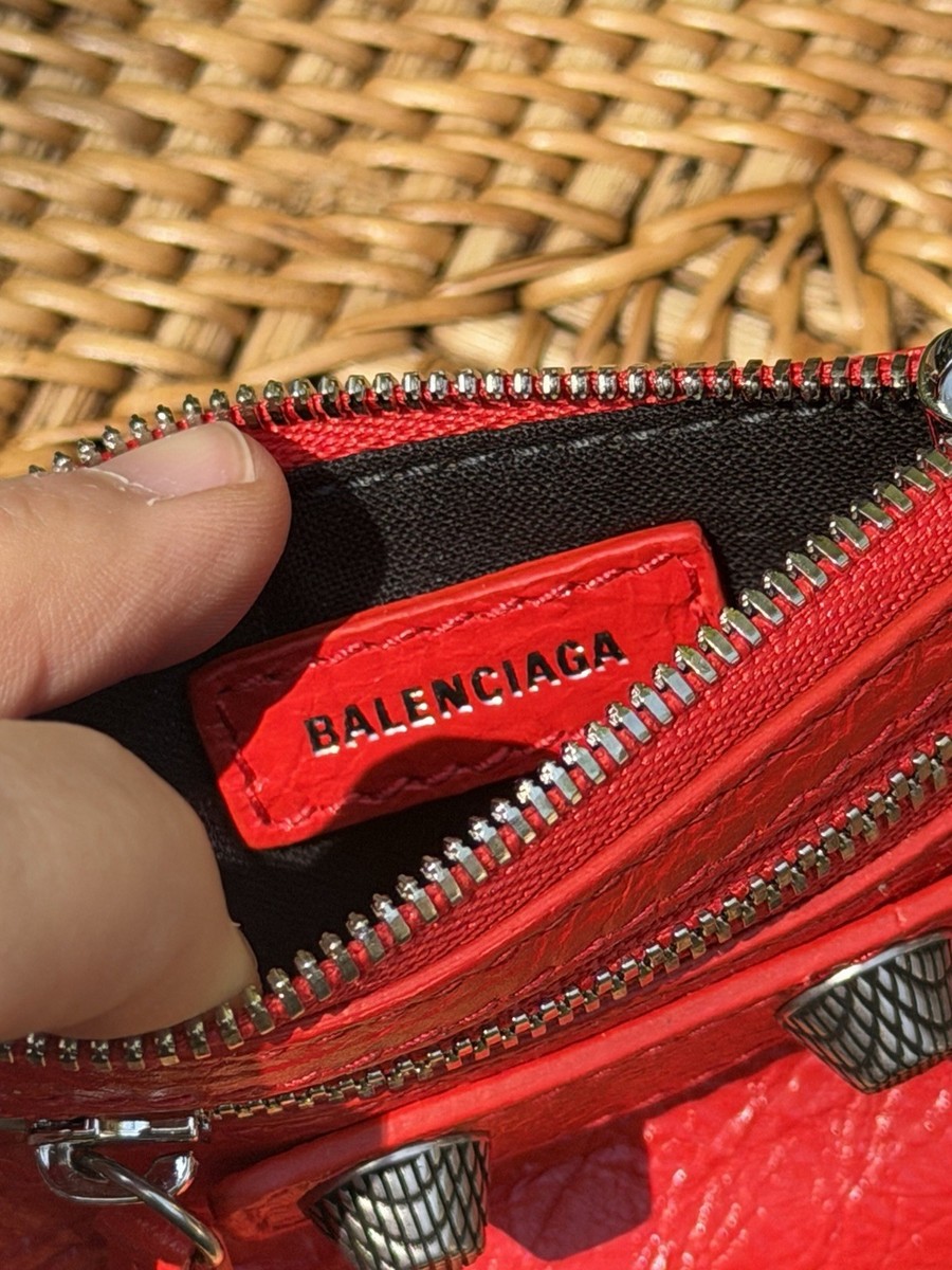 Balenciaga Red Zip-Around Studded Card Wallet with Wrist Strap for