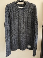 Superdry Chunky Cable Knit Fisherman's Crew Neck Grey Jumper UK L Large