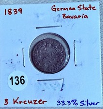 1839 German State Bavaria 3 Keeuzer - 33.3 % Silver - .43 Grams Silver