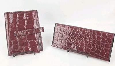 Vintage Deep Red Faux Crocodile Pattern Wallet And Check Book (Book Cover) Set