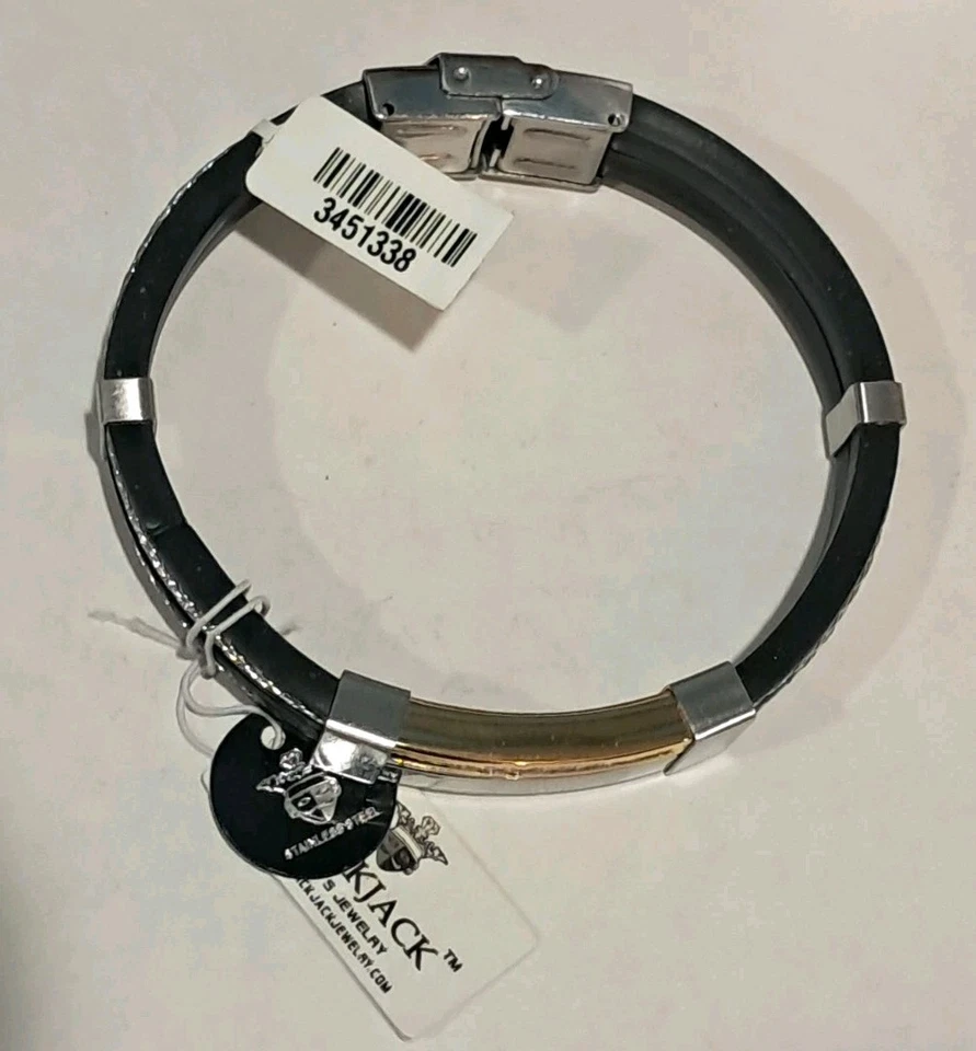 Brazalete BLACKJACK Joyería Diseñador Hombre Negro Silicona Dorado Acero Inoxidable Foto 2 de 4