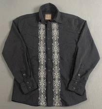 Roar Classic Mens S Striped Black Embroidery Shirt Western Long Sleeve Button Up