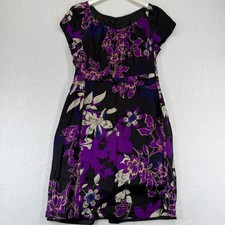TAHARI Women Black Purple Floral Silk Cap Sleeve Knee Length Sheath Dress Sz XS