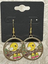 Baby Chick Easter Egg Medallion Gold Enamel Drop Dangle Boho Fashion Earring Set