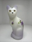 Fenton Glass Cat White Satin Purple Flowers Hand Painted E-Group Figurine