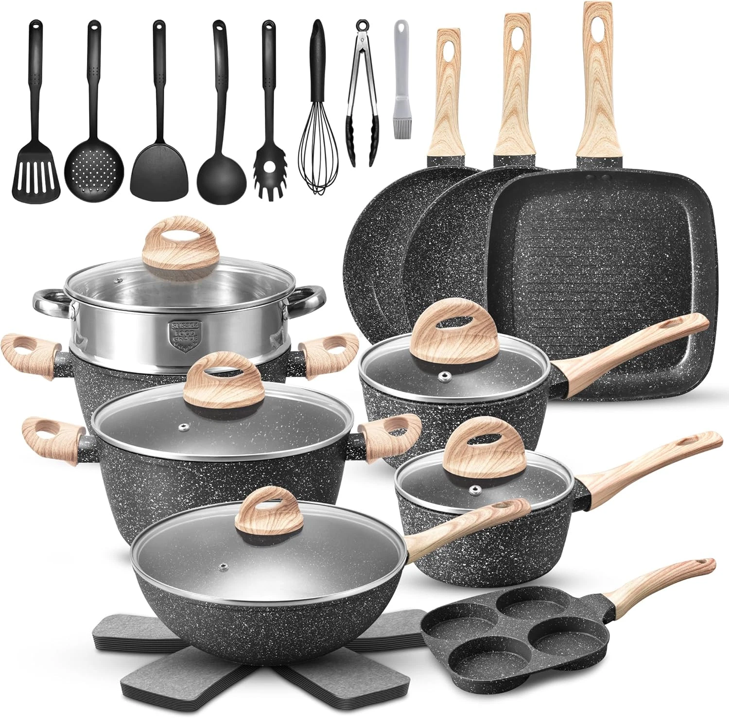 31-Piece Non-Stick Black Granite Cookware Set with Silicone Tools & Protectors