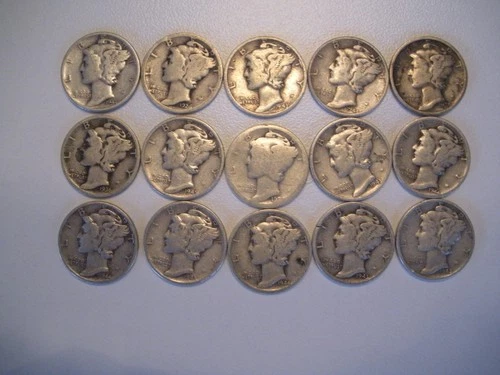 [Lot of 15] Mercury Dimes 1926-1945 90% Silver Good details remaining