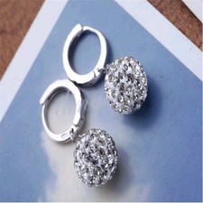 Genuine 925 Sterling Silver 6mm Crystal Disco Ball Hoop 1" Dangle Earrings Z1046