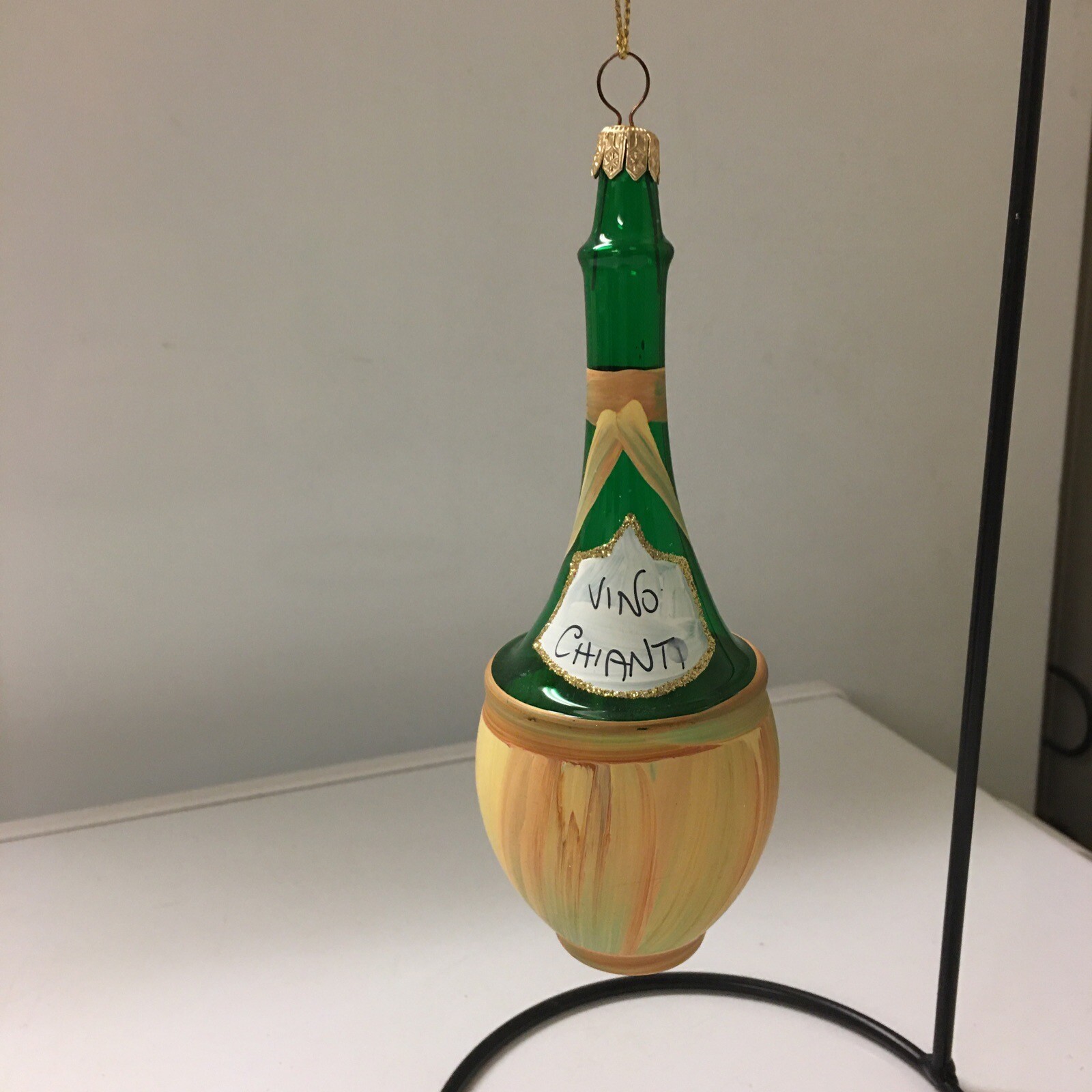 Blown Glass Hand Painted Chianti Vino 4”Green Wine Bottle Christmas