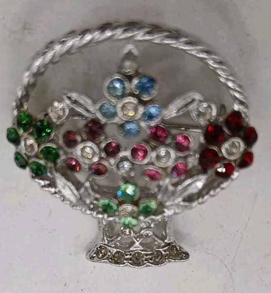 Silvertone Multi Colored Rhinestone Flower Basket… - image 3