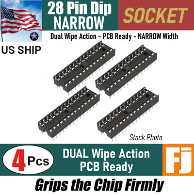 4 Pcs 28 Pin DIP IC Narrow Socket Adaptor Solder PCB-Mount | Dual Wipe | US Ship