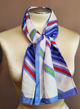 Vintage Scarf Blue White Red Stripe 13x44" Hand Rolled Hem 80s Preppy Classic