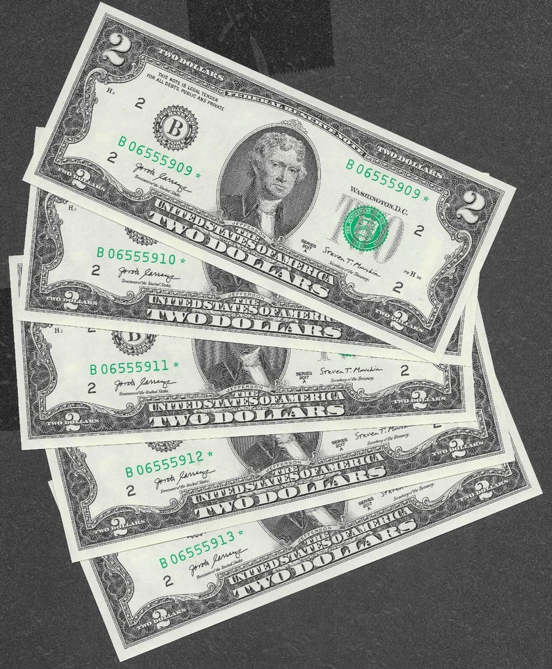 ⭐️ NEW Uncirculated Two Dollar Bill $2 Sequential Star Notes Lot of 5 ⭐️ - Image 2 of 4