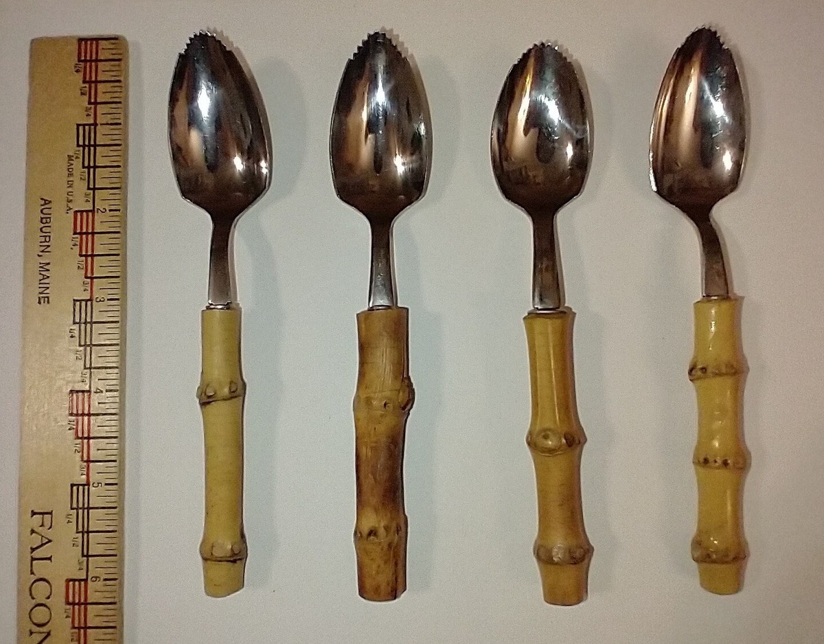 Set of 4 Vintage MCM Grapefruit Spoons w/Bamboo Handles Stainless