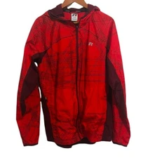 Russell Mens Hooded Windbreaker Sz S Red Black Jacket Full Zipper Net Pockets