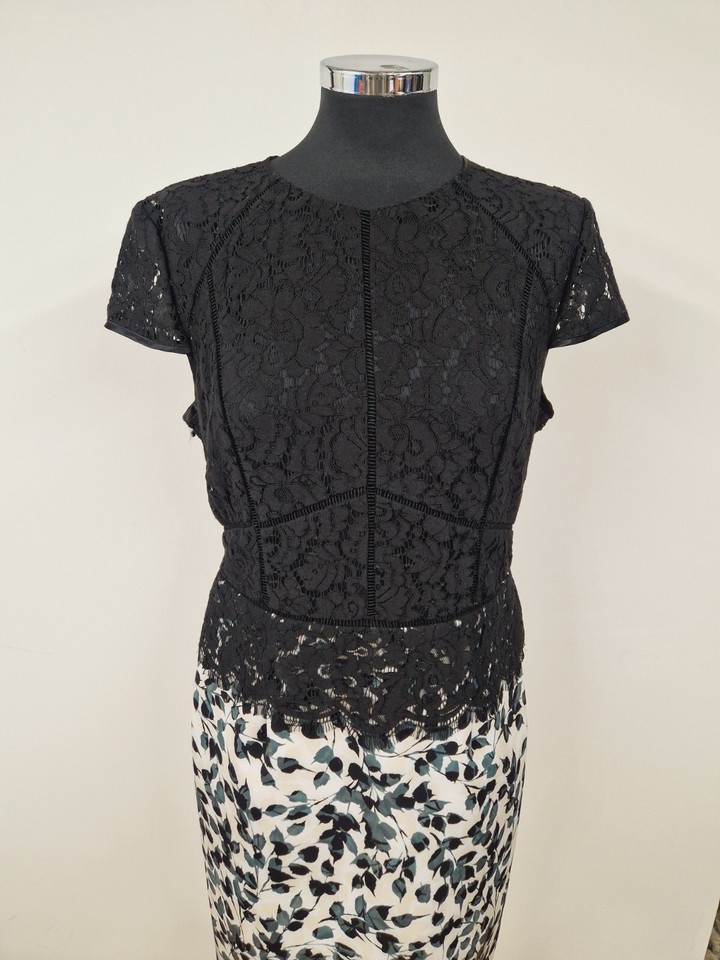 Phase Eight black and green dress size 14 bodycon scuba lace top leaf