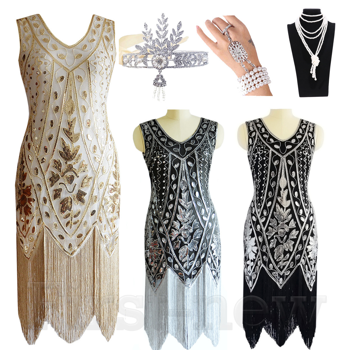 open lace back dress Wedtrend Women Evening Dresses Spaghetti Straps Champagne Fringed Great Gatsby Dress, Champagne / S main image 1