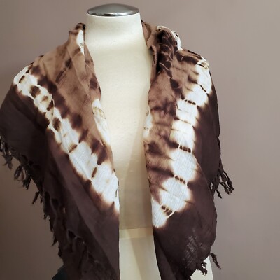 Vintage Cejon Scarf Shawl Wrap Brown Beige Cream Fringe 36x 33'' Tie Dyed