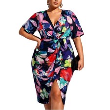 Adrianna Papell Bucci Print Womens 16W Navy Blue Floral Glam Ruched Sheath Dress