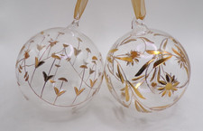 Blown Glass Gold Painted Floral Christmas Ornaments Set of 2