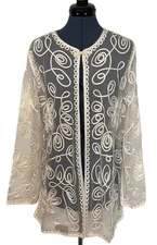 Victor Costa White Sheer Floral Ribbon Embroidered Cardigan Duster Evening L