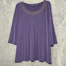 Susan Grave 2X Shirt Top Purple Solid 3/4 Sleeve Scoop Neck Embellished Stretch